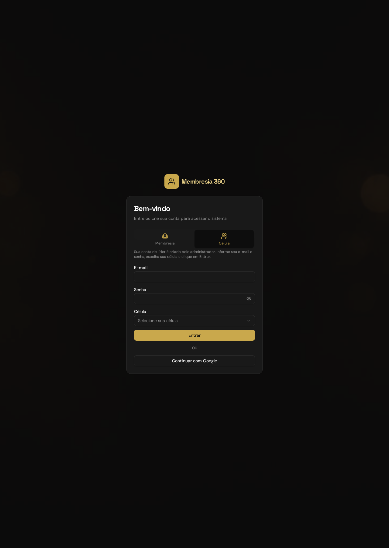 Tela de login — aba Célula